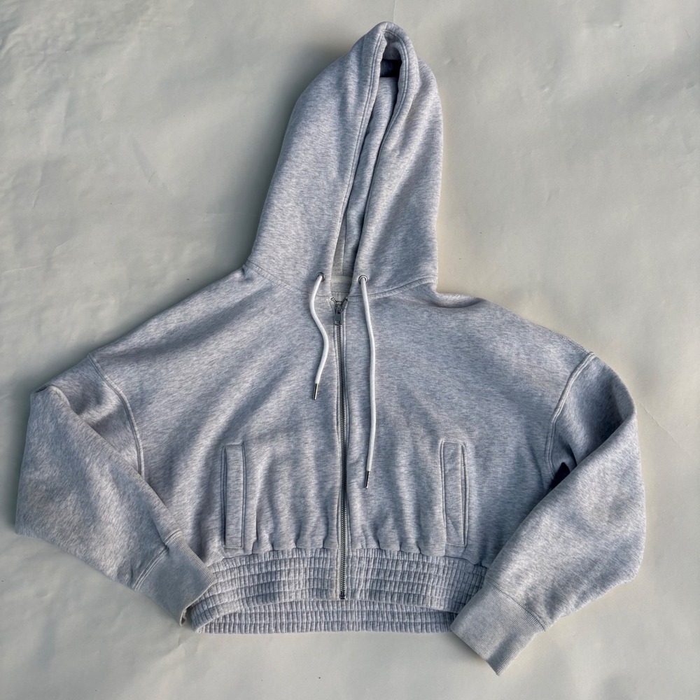 Abercrombie & Fitch Soft AF Grey Full Zip Cropped Smocked Hem Hoodie Medium